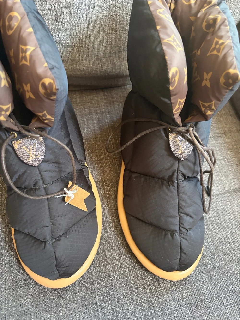 Louis Vuitton Black Quilted Winter Boots with Brown Monogram Cuff
